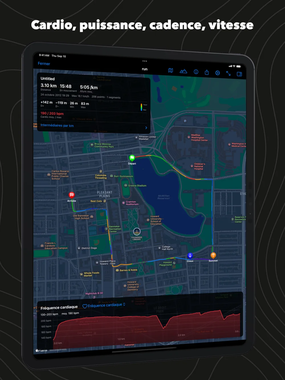 GPX Explore sur iPad : une course avec le graphique de fréquence cardiaque sous la carte