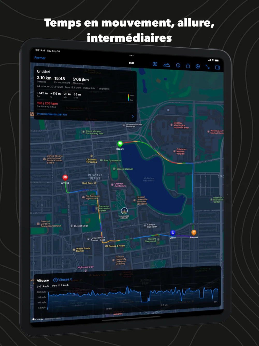 GPX Explore sur iPad : temps en mouvement, allure et graphique de vitesse