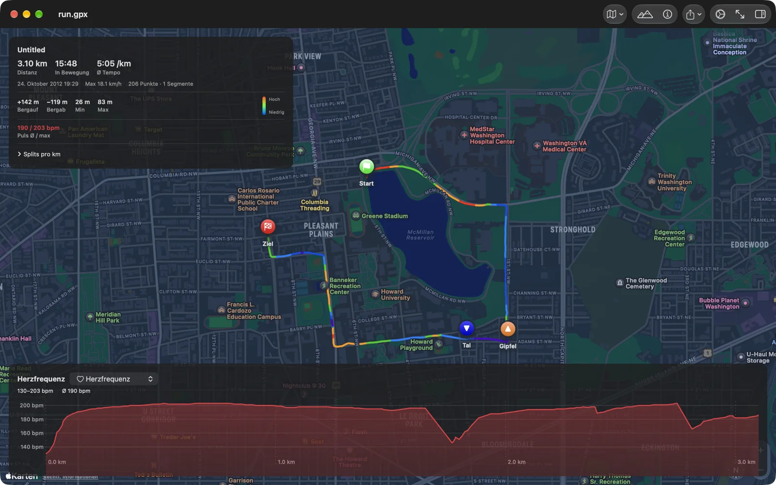 GPX Explore zeichnet die Herzfrequenz unter einem Lauf, die Routenkarte zeigt Distanz, Bewegungszeit, Tempo, Anstieg, Abstieg und Herzfrequenz