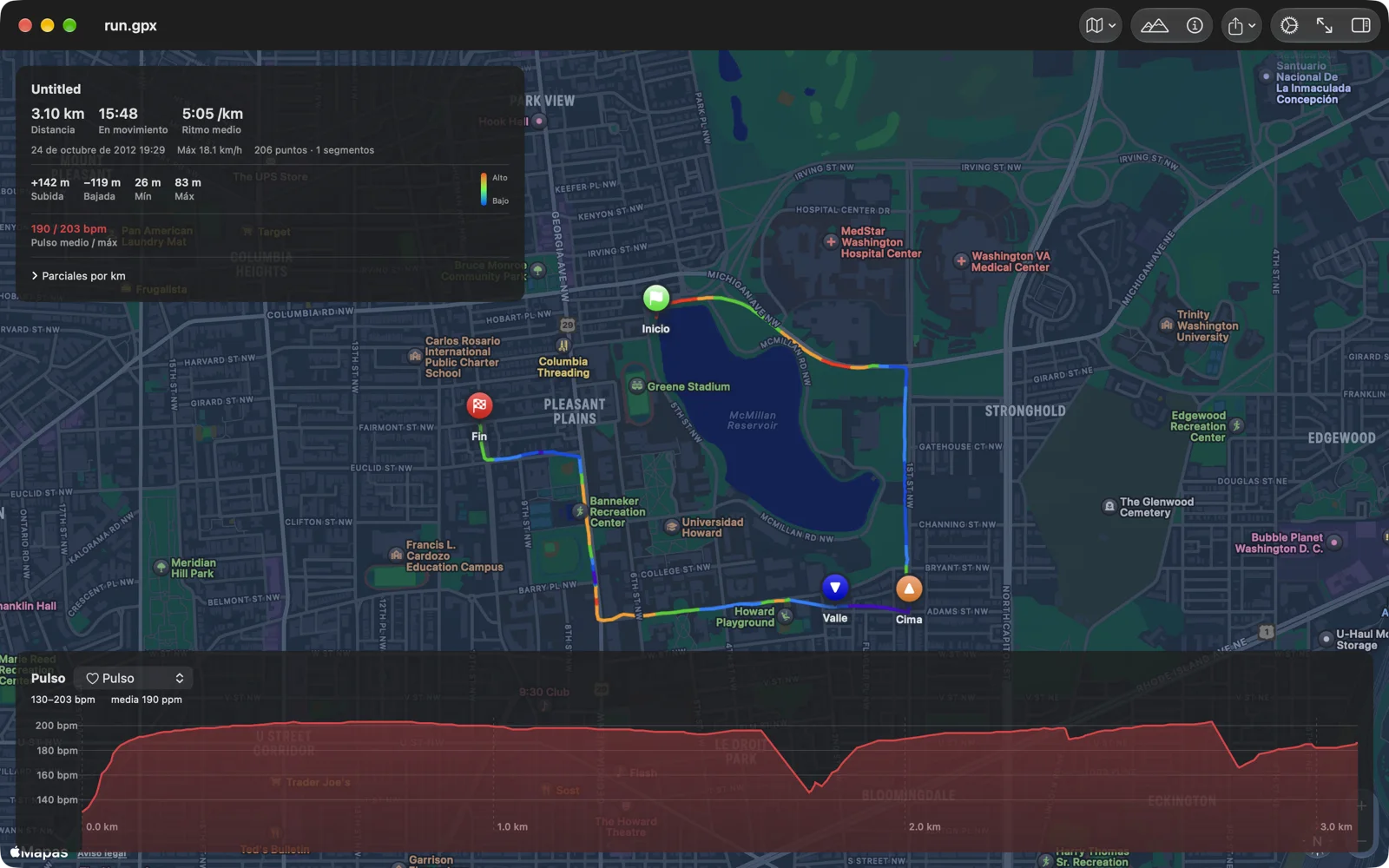 GPX Explore dibujando el pulso bajo una carrera, con la ficha de ruta mostrando distancia, tiempo en movimiento, ritmo, desniveles y pulso
