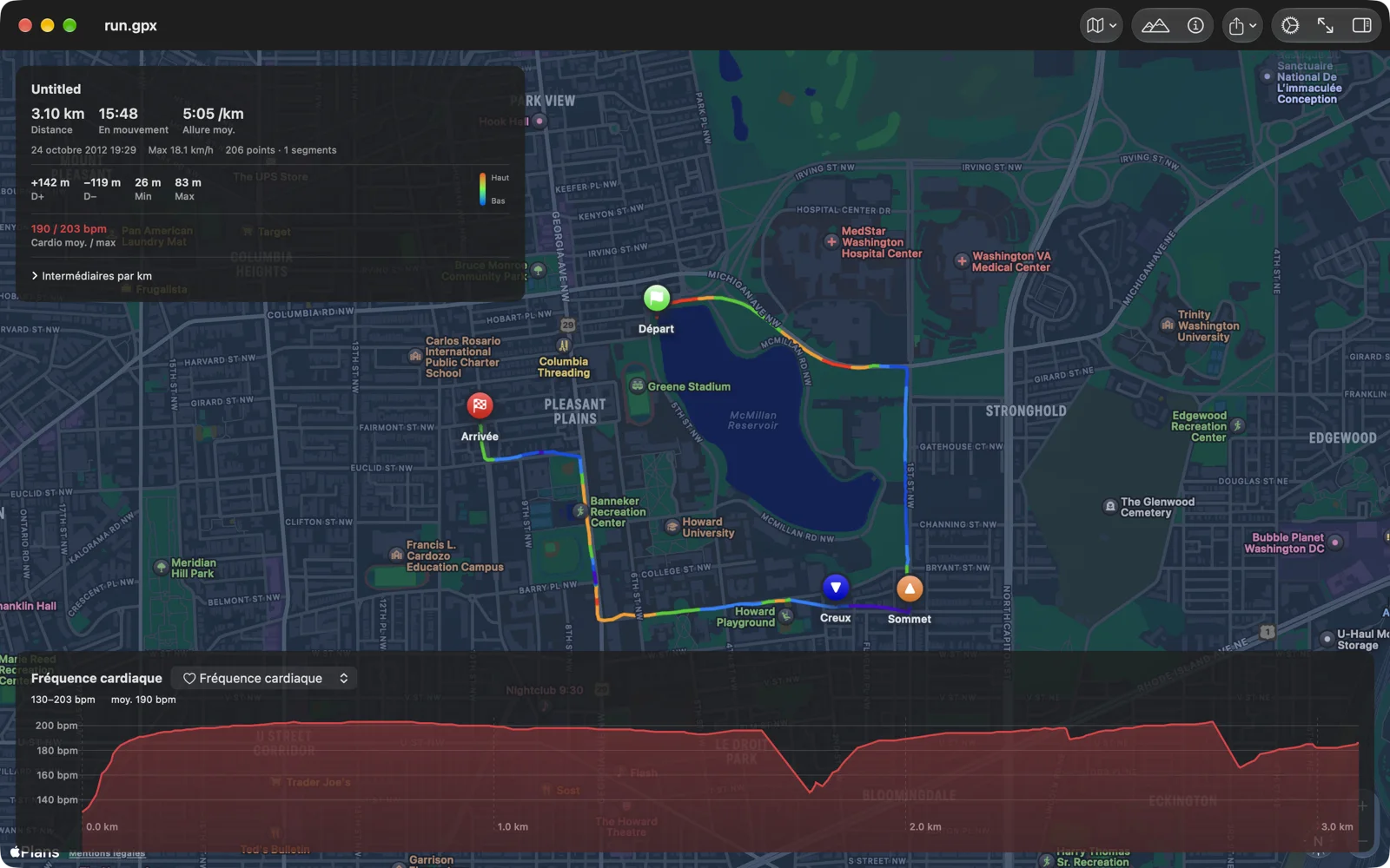 GPX Explore trace la fréquence cardiaque sous une course, la fiche montre distance, temps en mouvement, allure, dénivelés et fréquence cardiaque