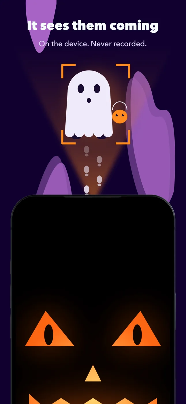 How it works: a small visitor in a ghost sheet, framed in the camera’s view, above an iPhone showing a watching pumpkin