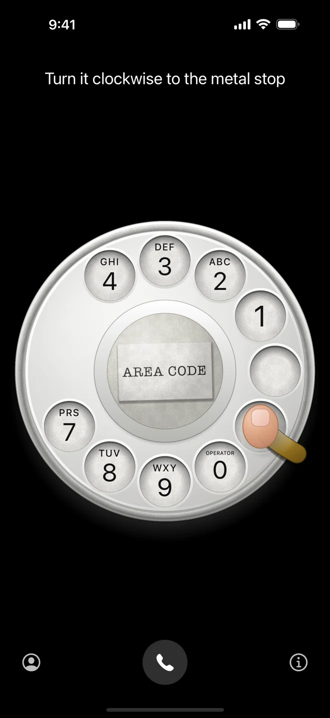 The how-to-dial lesson: a fingertip in the hole next to the brass stop, with the caption Turn it clockwise to the metal stop above the dial