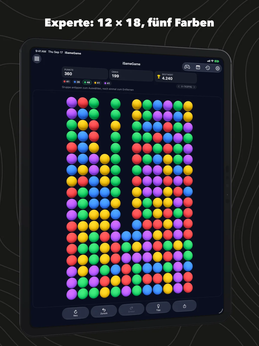 iSameGame auf einem iPad Pro, ein Brett in Experte