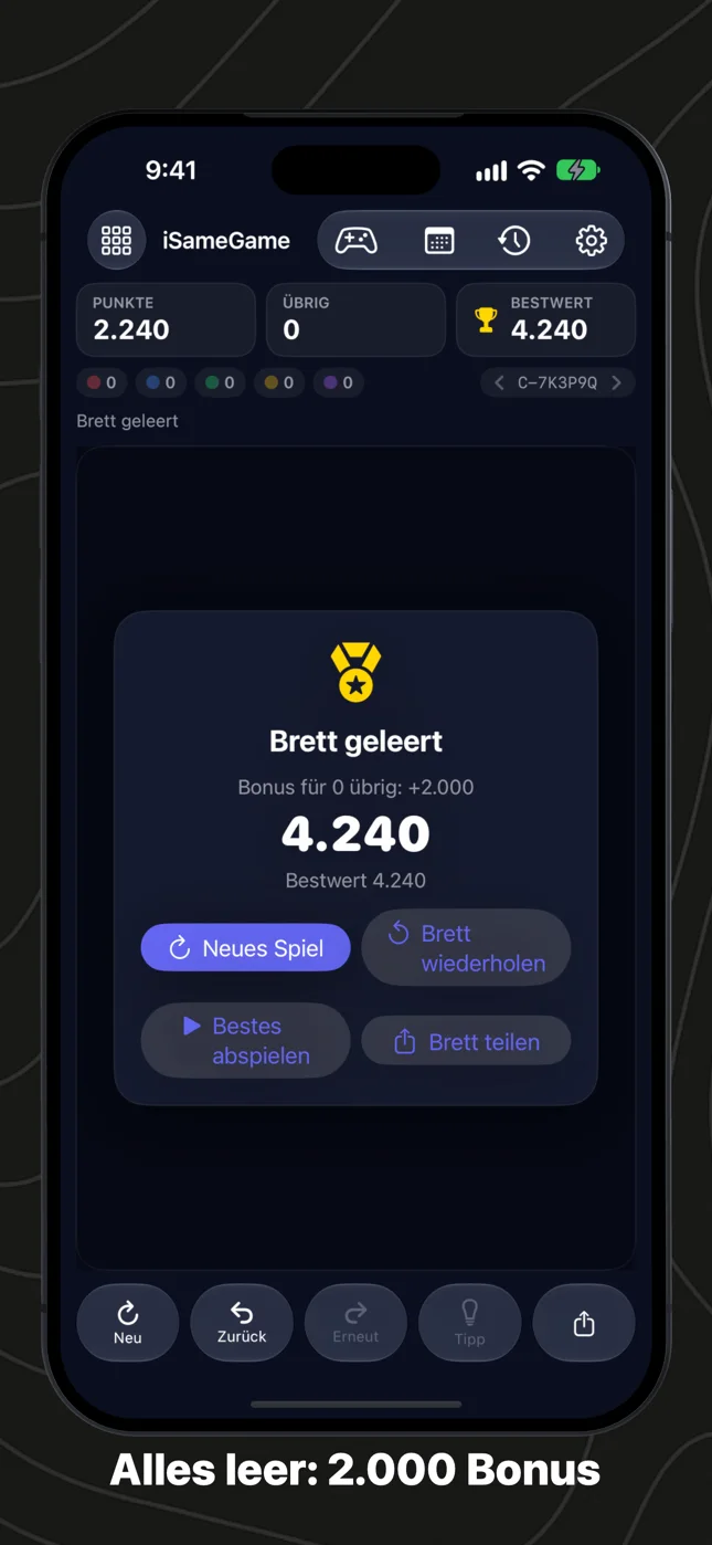 Das geleerte Brett: der Bonus von 2.000 und die Gesamtpunktzahl
