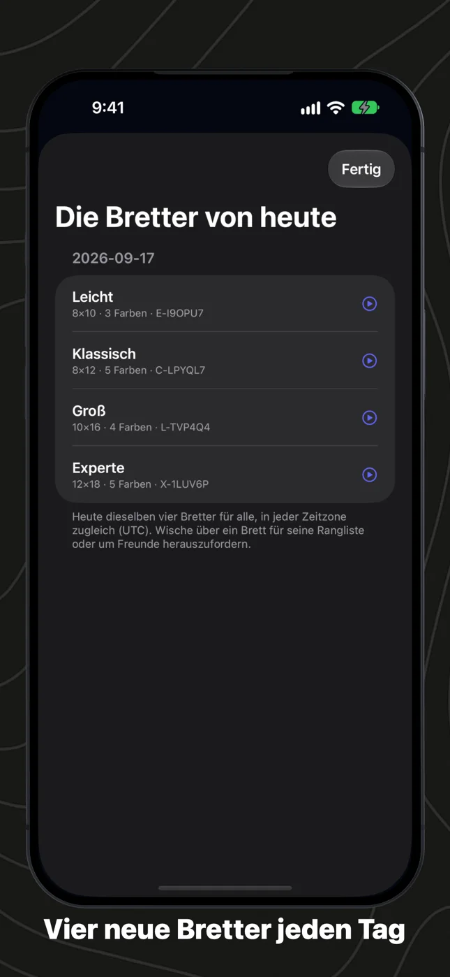 Die Bretter von heute: eines pro Größe, mit ihren Codes