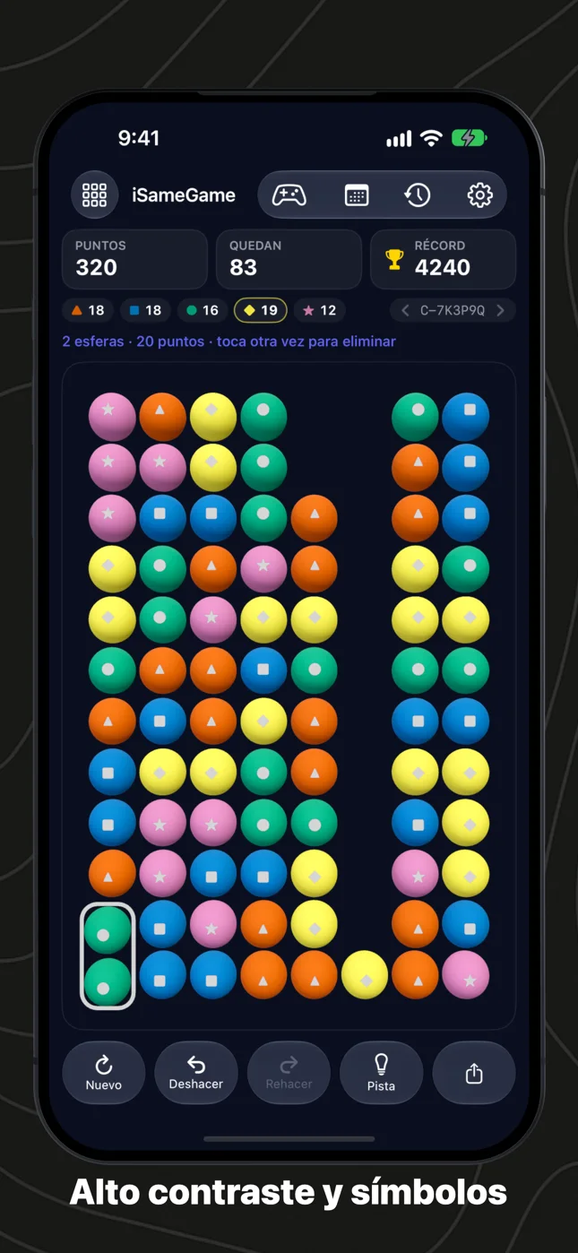 La paleta de alto contraste con un símbolo en cada esfera