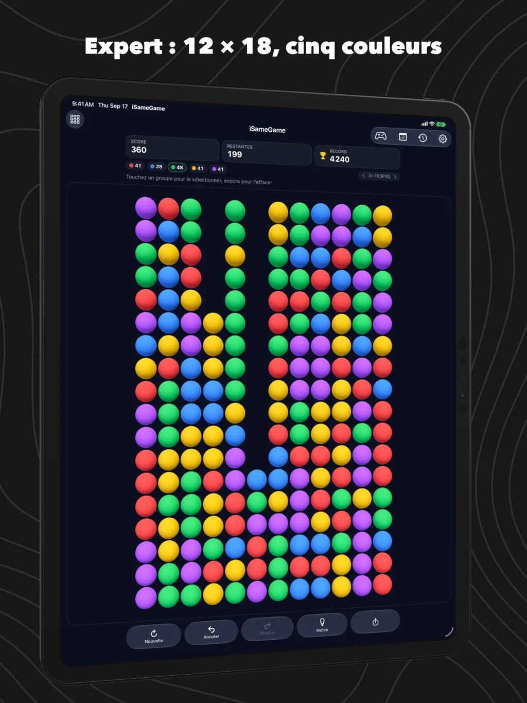 iSameGame sur un iPad Pro, une grille Expert