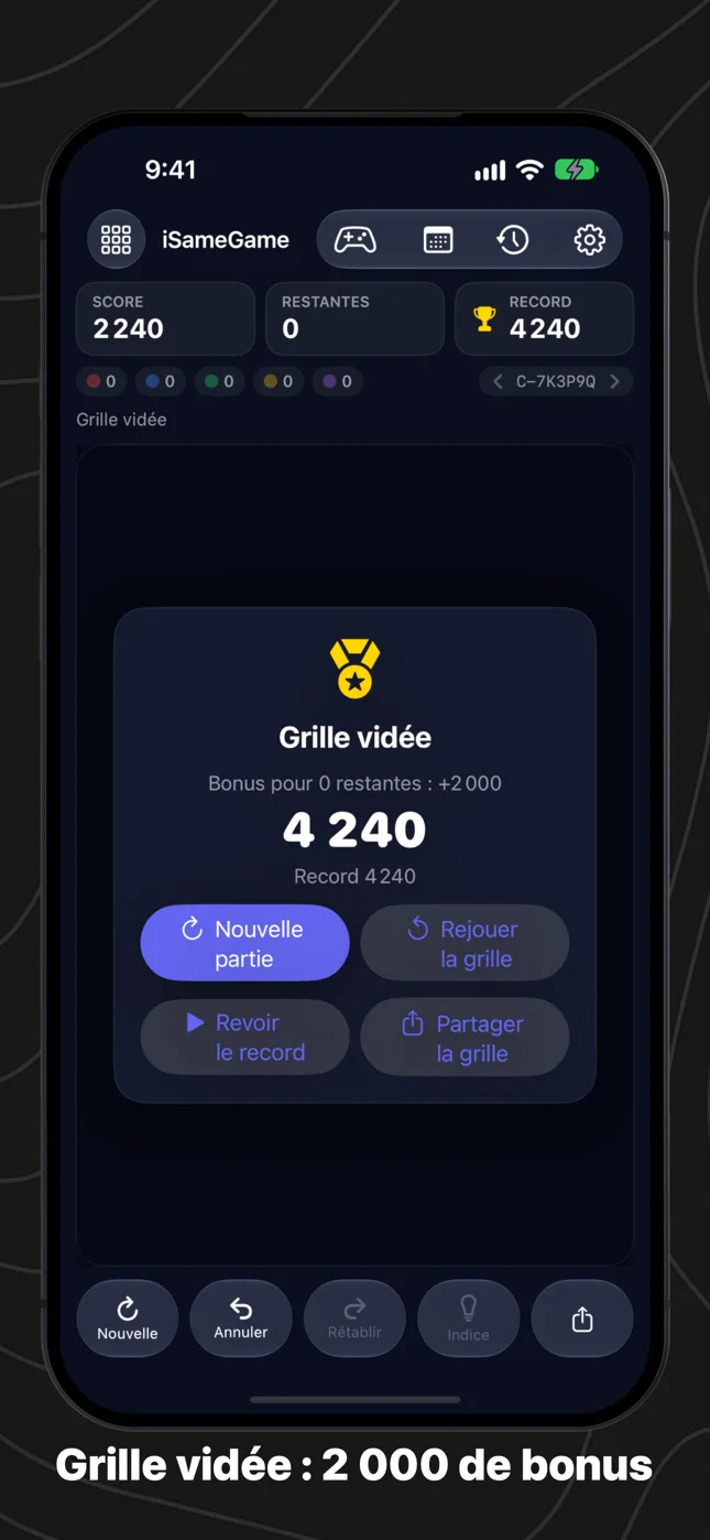 La grille vidée : le bonus de 2 000 points et le total