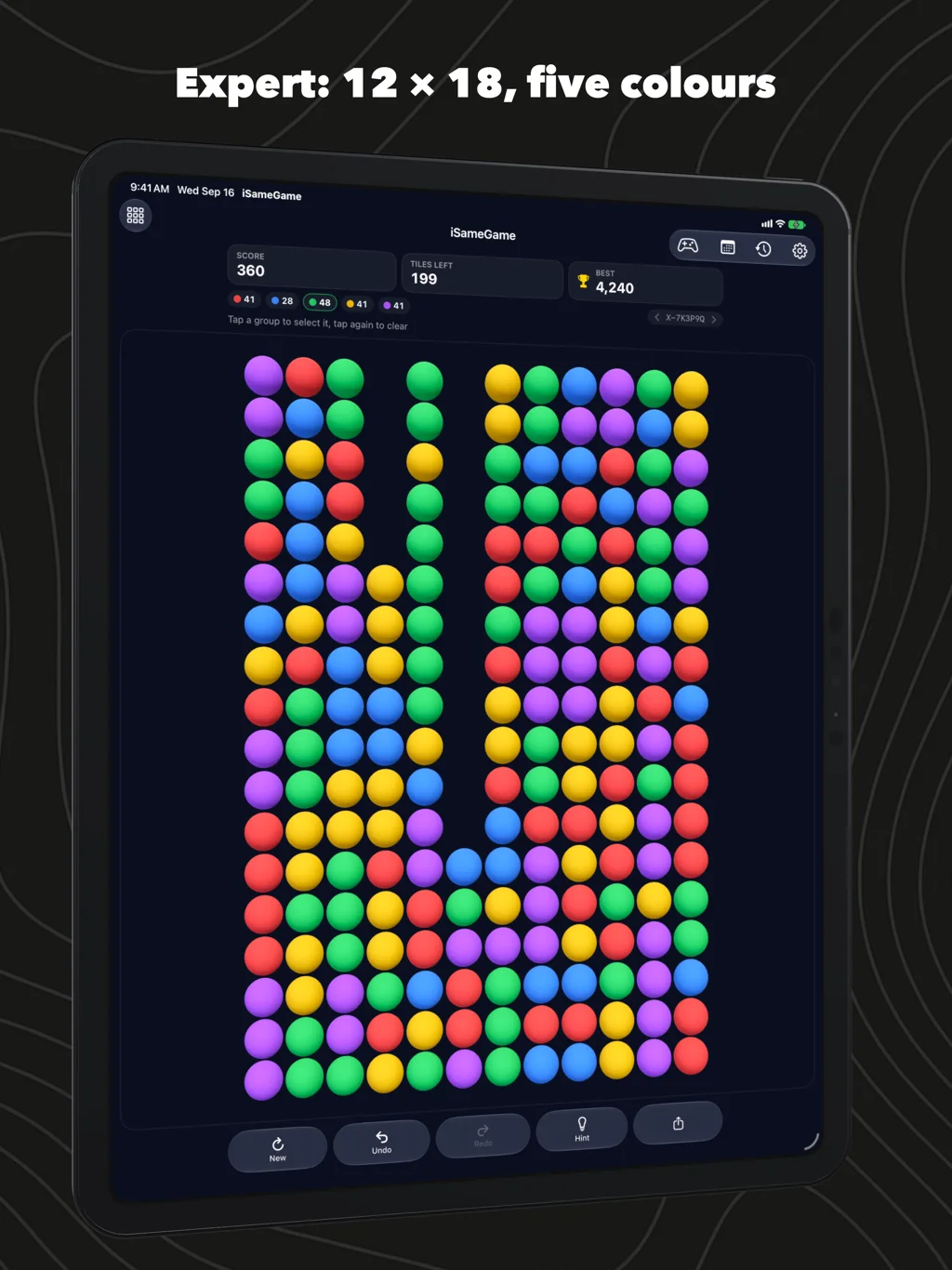 iSameGame on an iPad Pro, an Expert board