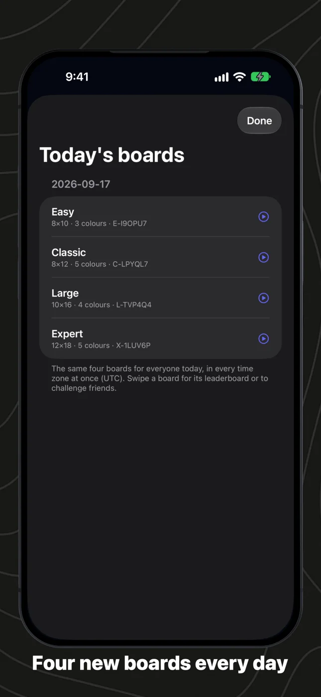 Today’s boards: one per size, with their codes