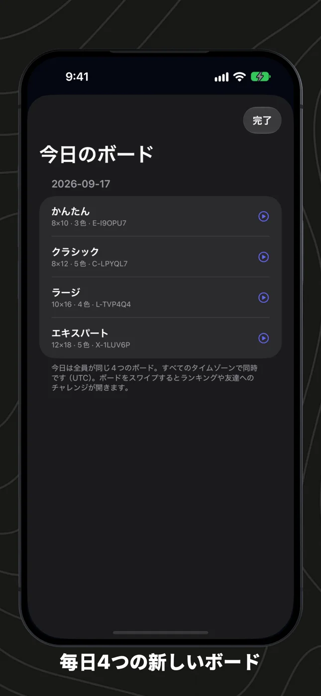 今日のボード。サイズごとに1つ、コード付き