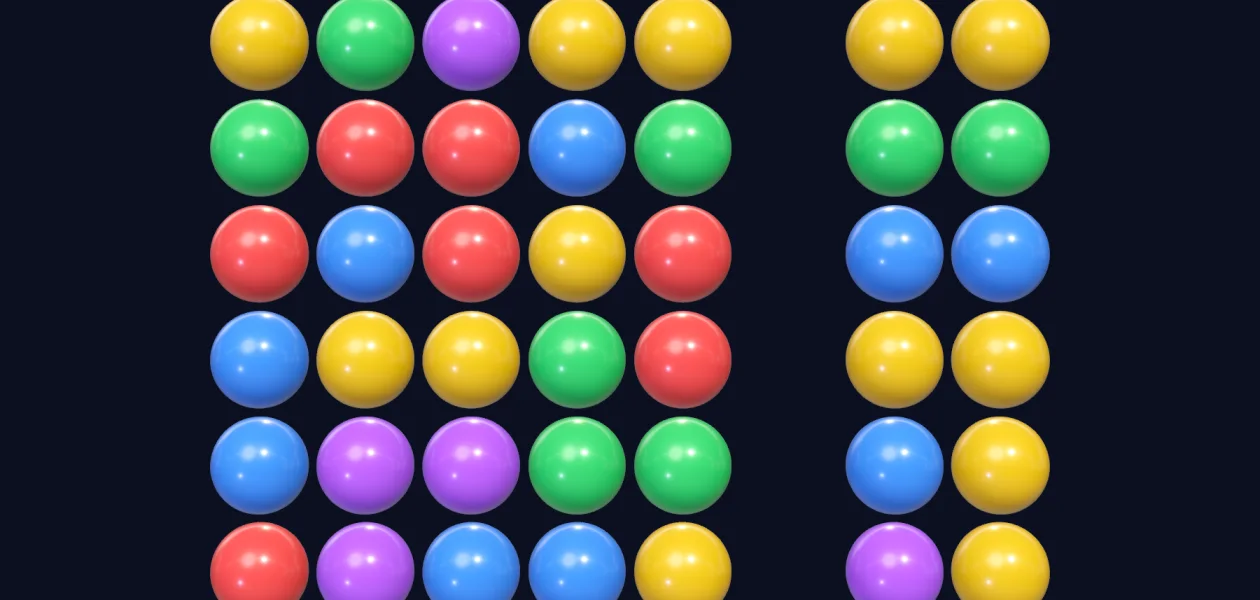 iSameGame: a board of coloured spheres on iPad, two selected