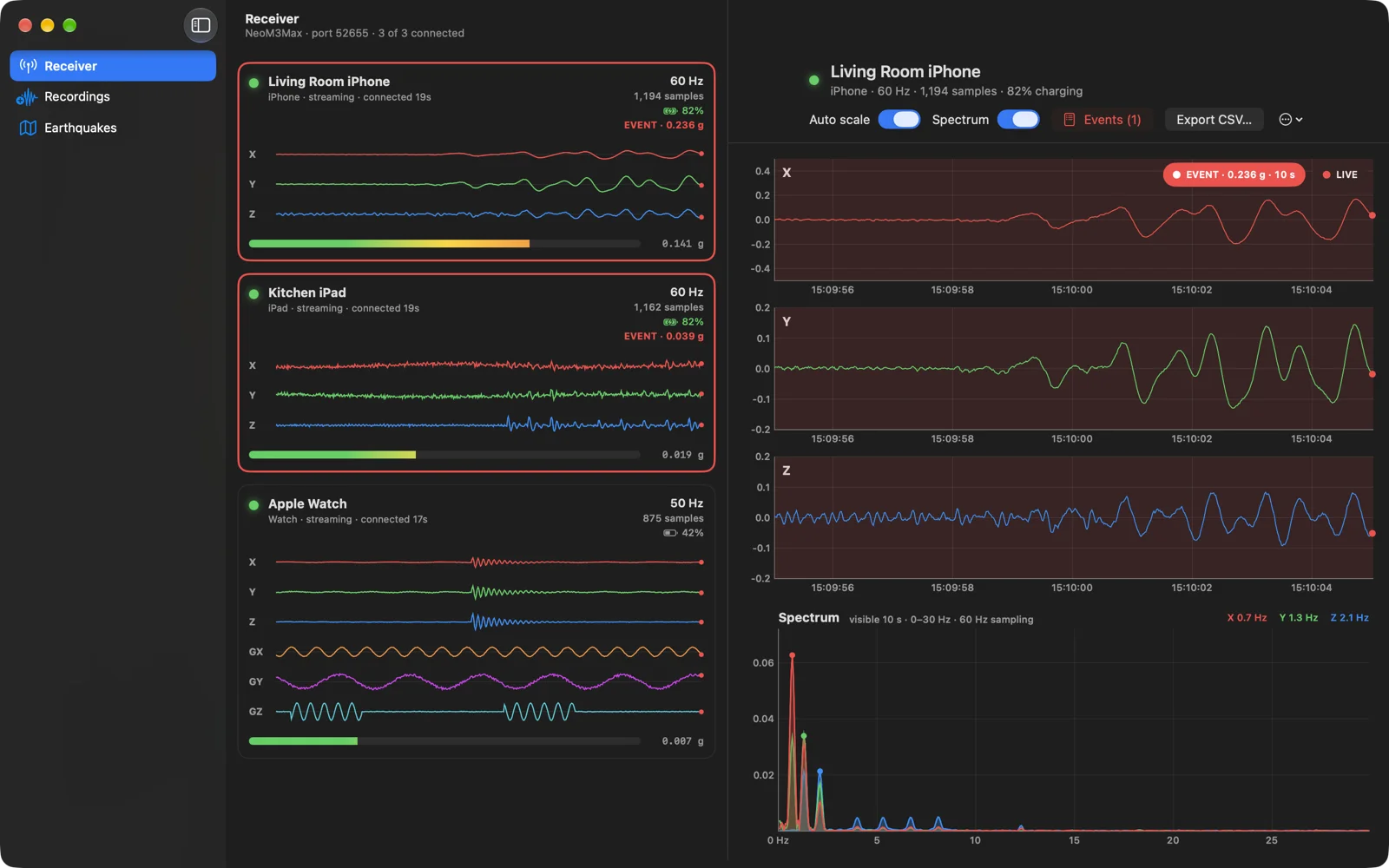 iSeismometer for Mac receiving three devices