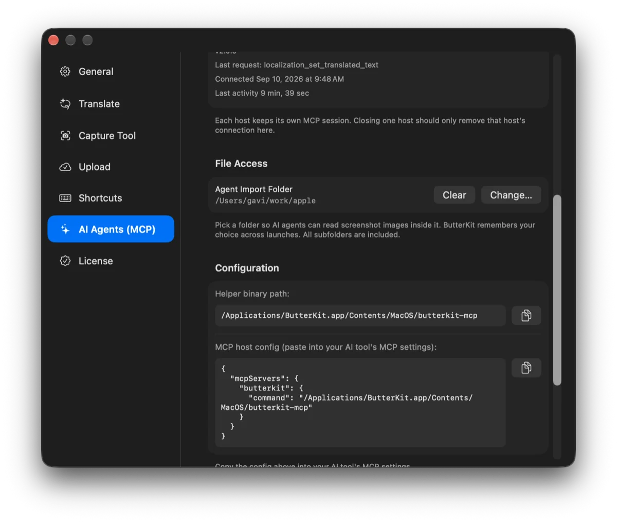 ButterKit's AI Agents settings: the MCP server switch and the Agent Import Folder