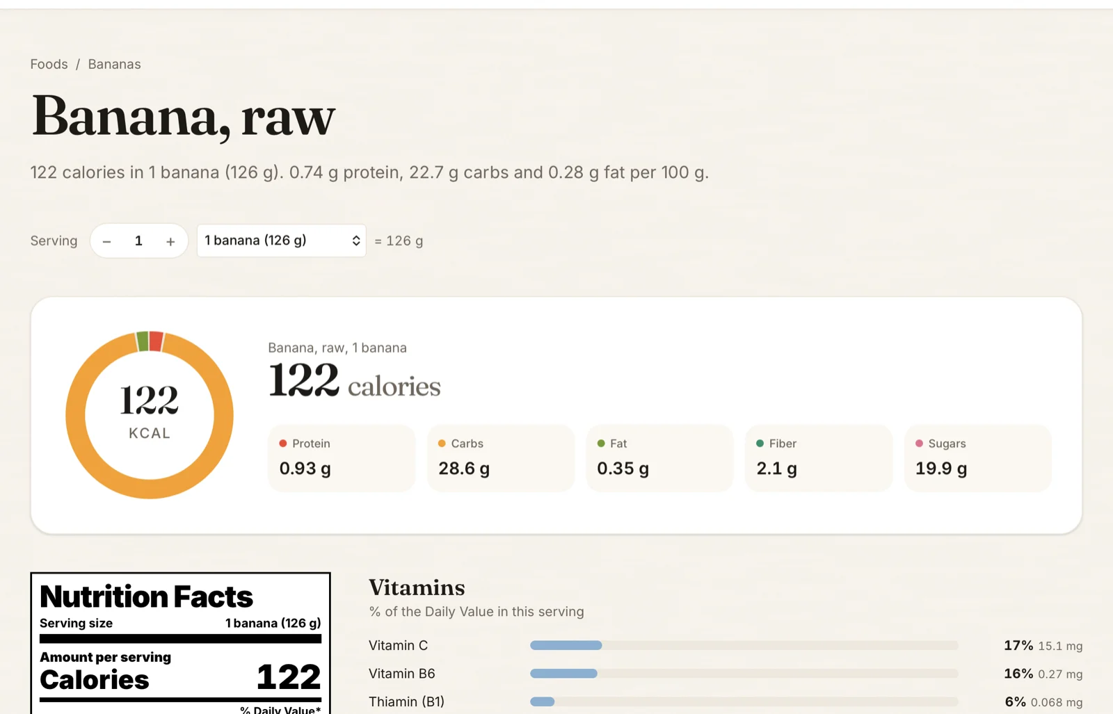 The MyFoodAnalysis page for a raw banana: 122 calories in one banana, a ring showing where the calories come from, the macros, and the nutrition label