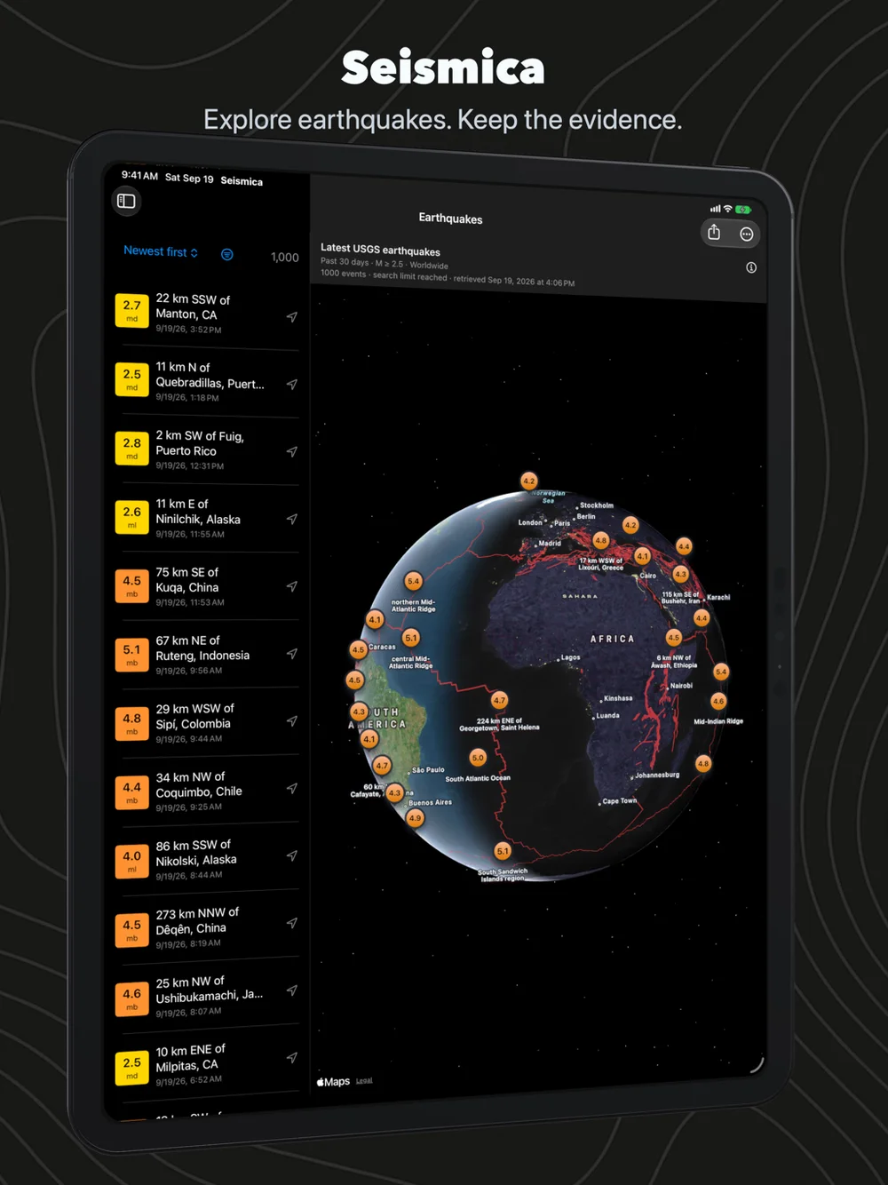 Seismica on iPad: the event list beside the globe