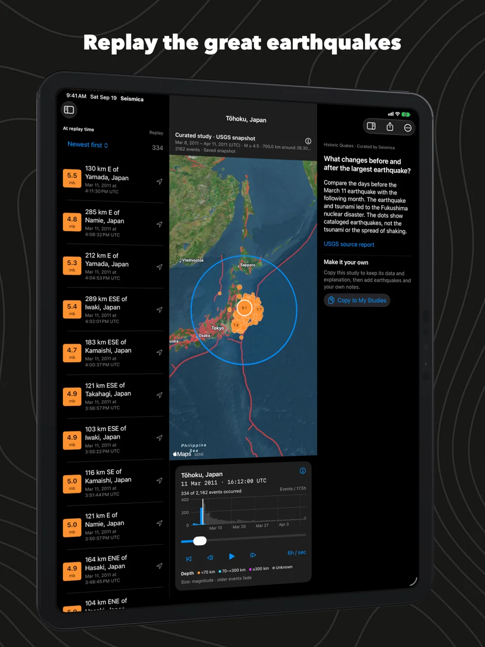 Seismica on iPad: the Tōhoku 2011 replay with the explanation beside the map