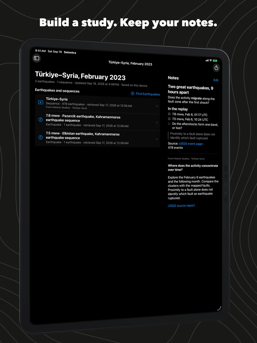 Seismica on iPad: a study with its earthquakes and its notes side by side
