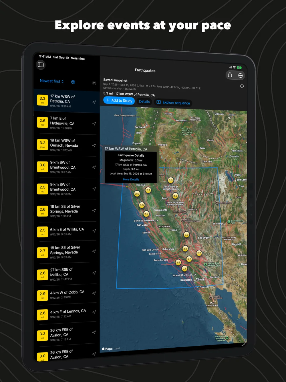 Seismica on iPad: a California search with the selected earthquake on the map