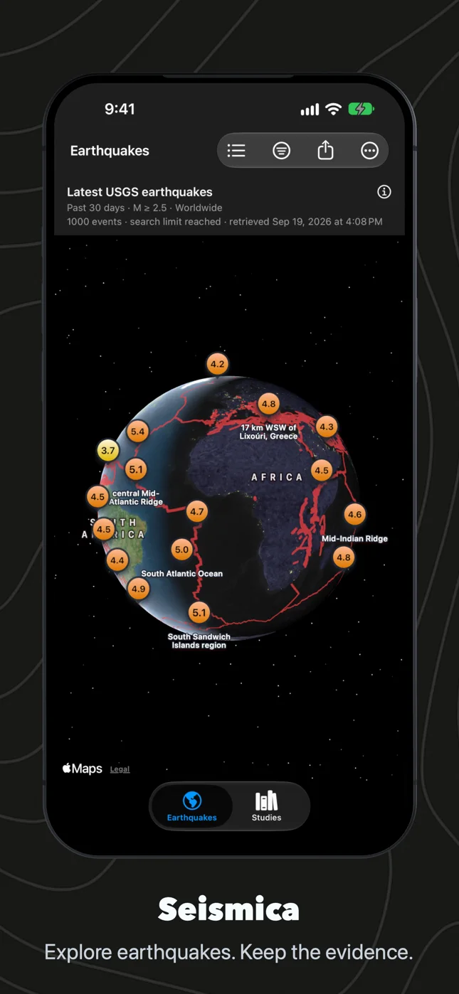 Seismica on iPhone: the globe with the latest earthquakes and fault lines