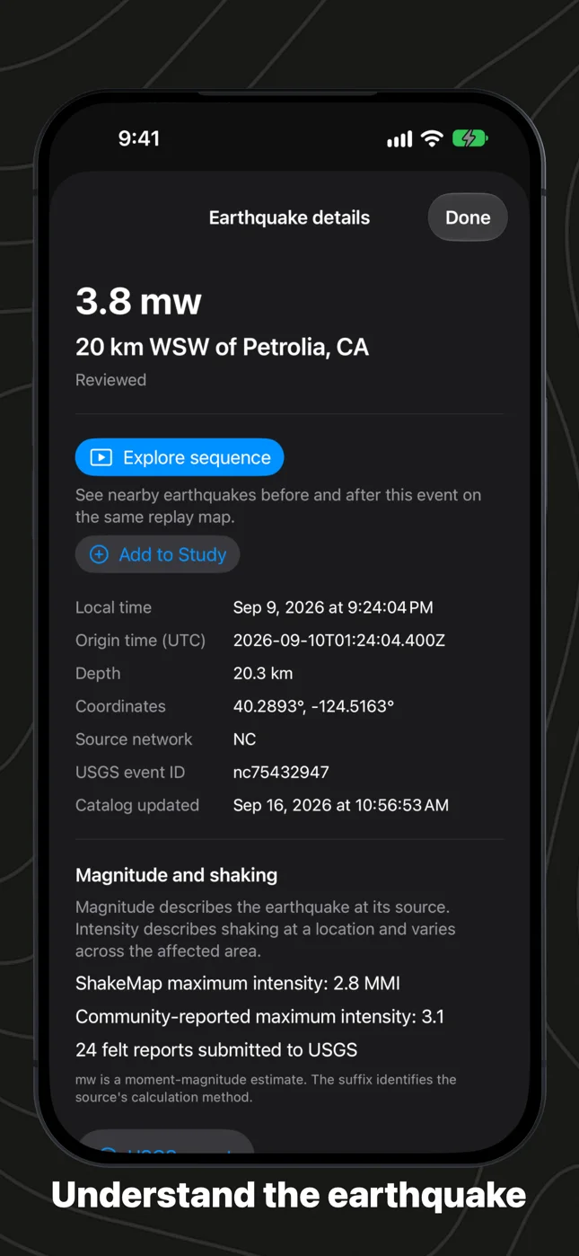 Seismica on iPhone: earthquake details with magnitude, times, depth and intensity