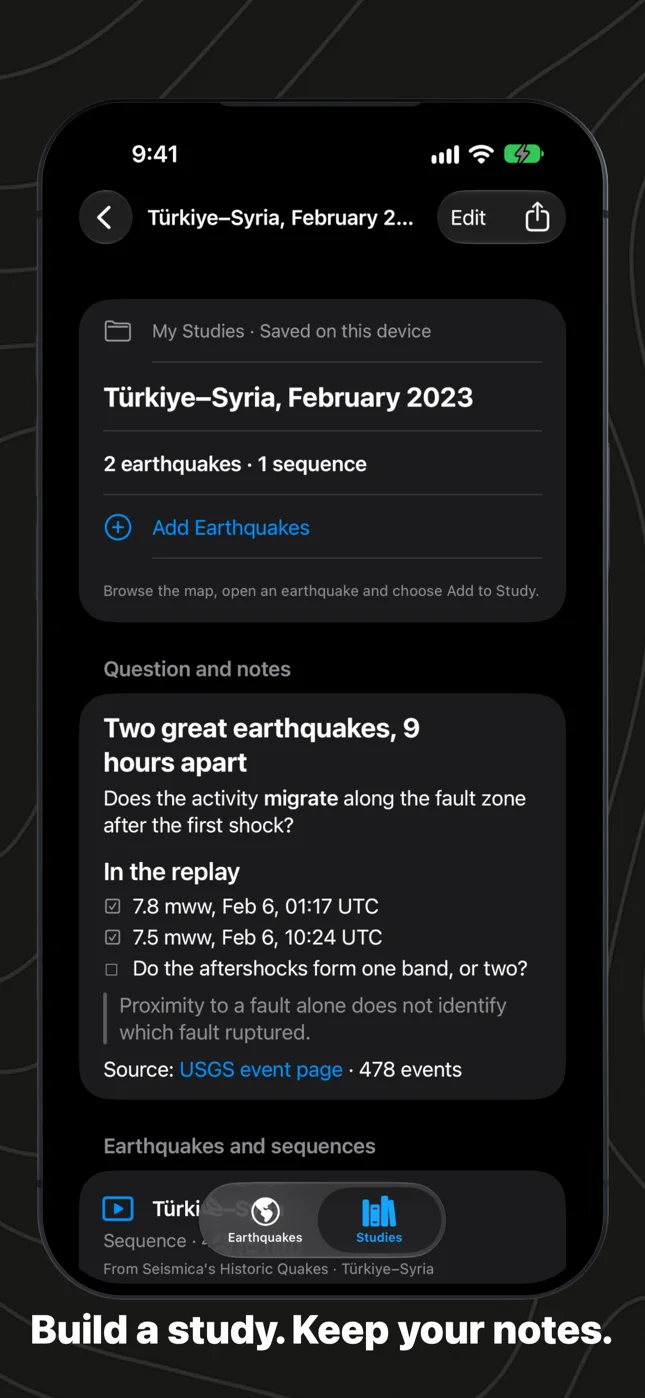 Seismica on iPhone: a study with formatted notes and a checklist
