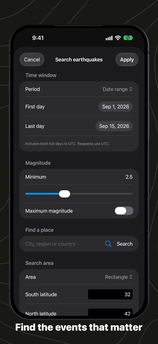 Seismica on iPhone: the search form with a date range and magnitude