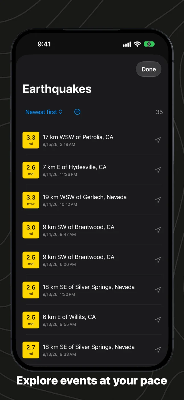 Seismica on iPhone: the list of earthquakes, newest first