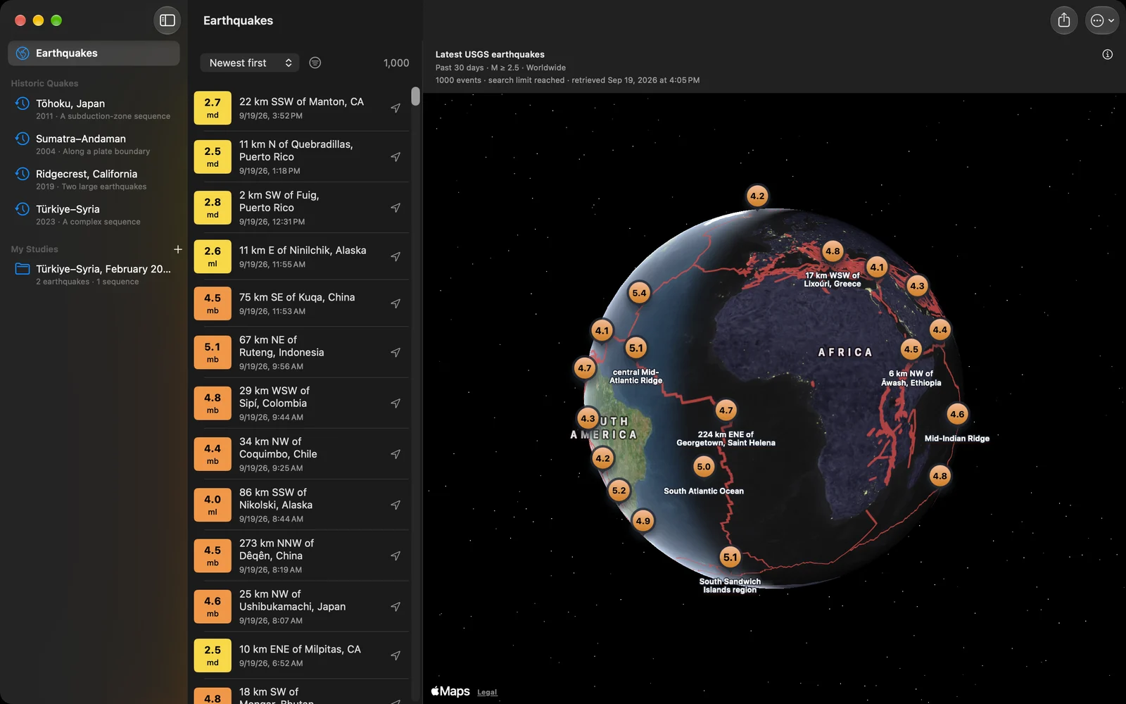 Seismica on the Mac: the globe over the Atlantic with the past thirty days of earthquakes as numbered magnitude markers, active fault lines in red, the event list on the left and the study library in the sidebar