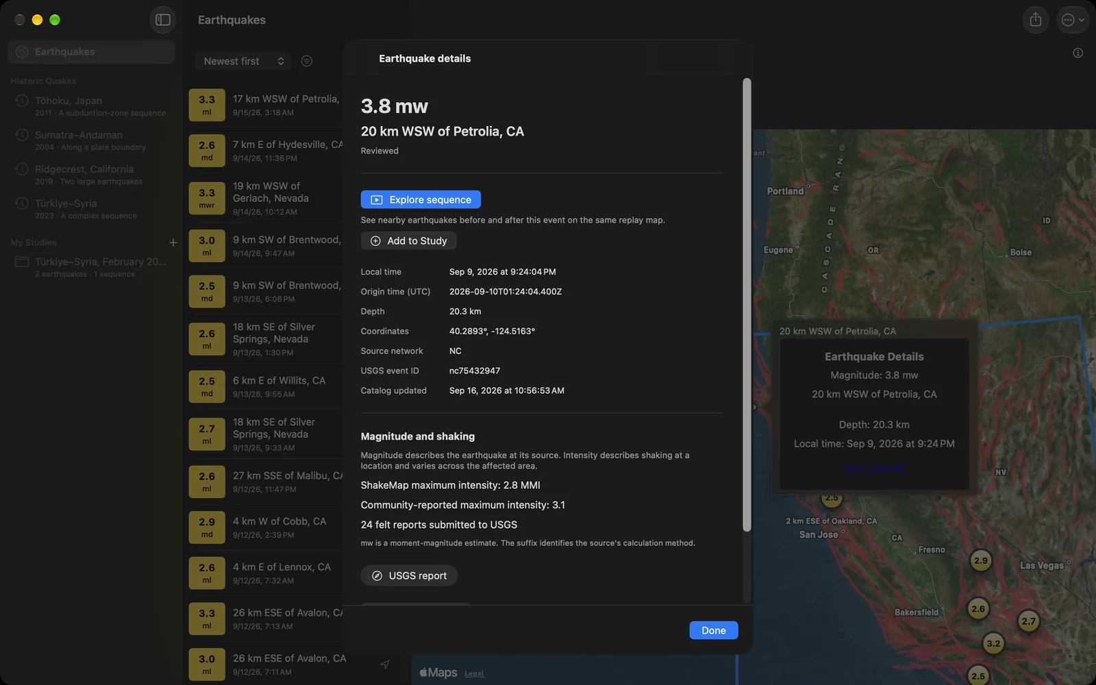 Earthquake details for a magnitude 3.8 event near Petrolia, California: local and UTC time, depth, coordinates, source network, ShakeMap and community intensity, felt reports, with Explore sequence and Add to Study buttons