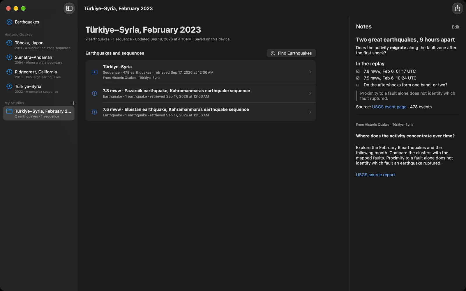 A study named Türkiye–Syria, February 2023 on the Mac: a replay sequence of 478 earthquakes and the magnitude 7.8 and 7.5 events on the left, formatted notes with a checklist, a quote and a USGS link on the right