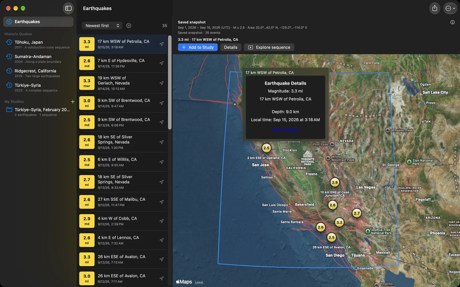 A two-week search of California and Nevada on the Mac: the searched rectangle outlined in blue on the satellite map, fault lines in red, a selected magnitude 3.3 earthquake near Petrolia with its callout, and the list of 35 events