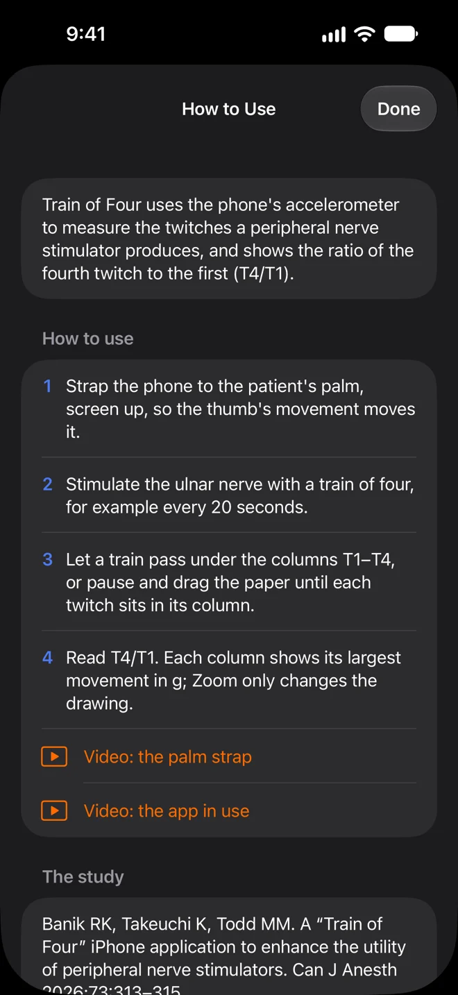 How to Use: strap the phone to the palm, stimulate the ulnar nerve, line up a train under T1 to T4, read T4/T1, with links to the two videos and the study