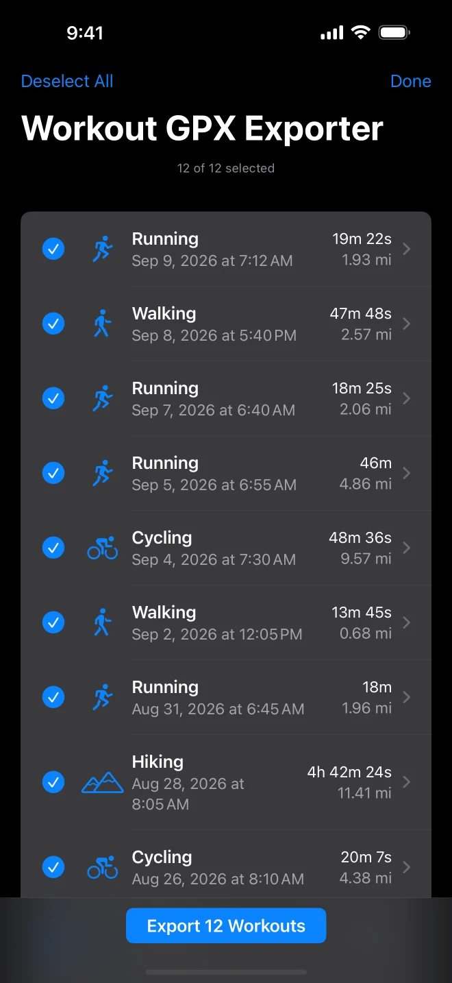 WorkoutGPX with twelve workouts selected for export