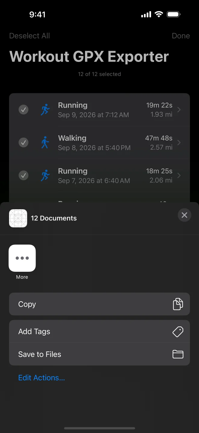 The share sheet showing 12 documents