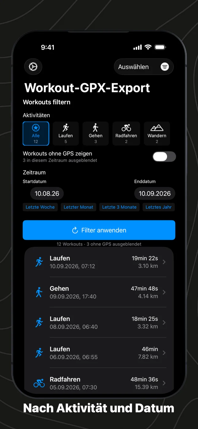 Die Filter: Aktivitäten mit Anzahl, ein Schalter für Workouts ohne GPS, ein Zeitraum mit Schnellauswahlen