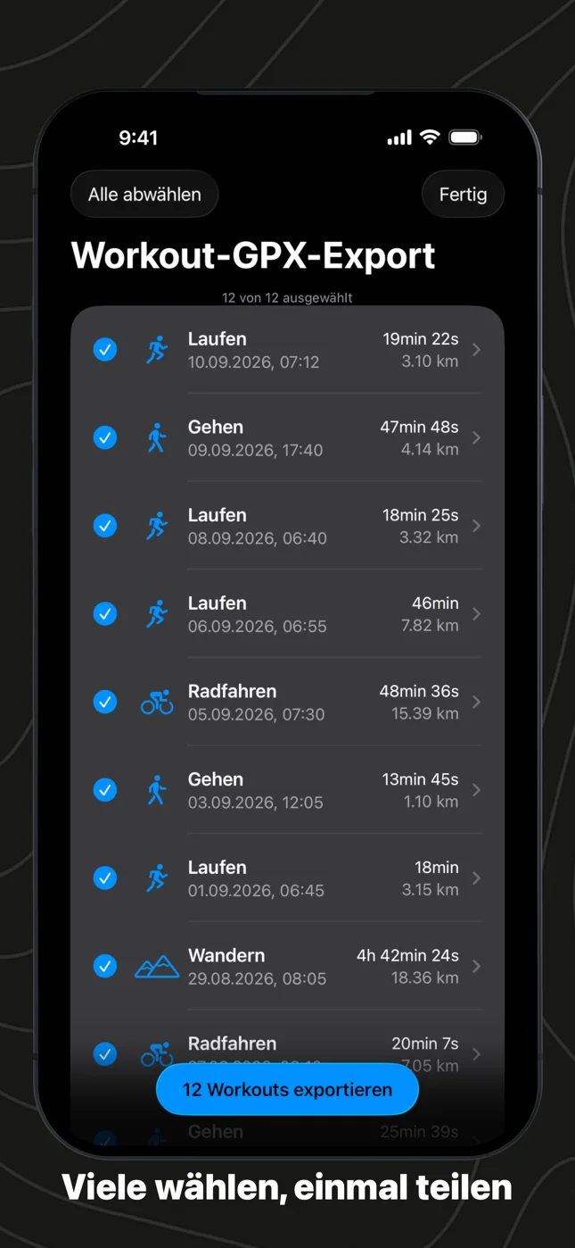 Zwölf abgehakte Workouts in WorkoutGPX, unten der Knopf 12 Workouts exportieren