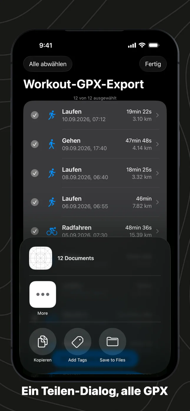 Der Teilen-Dialog mit 12 Dokumenten, bereit für Dateien, AirDrop oder Versand