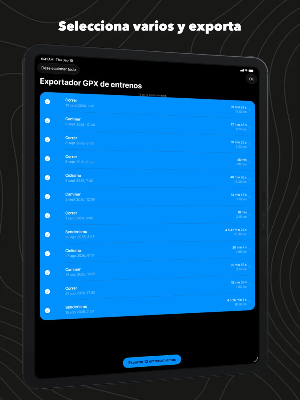 WorkoutGPX en el iPad: todos los entrenamientos marcados, listos para exportar de una vez