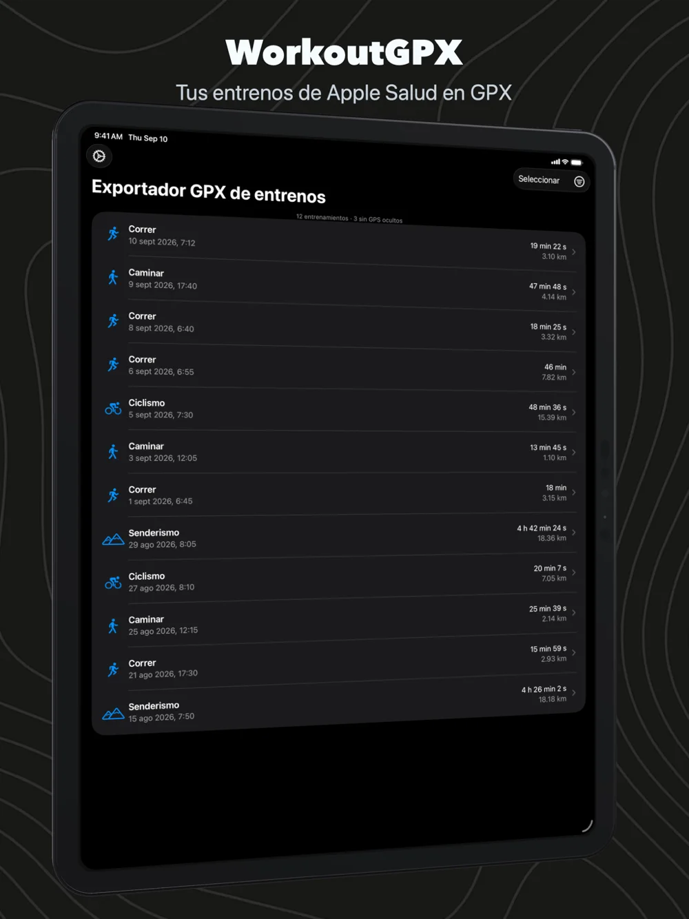 WorkoutGPX en el iPad: la lista de entrenamientos con fecha, duración y distancia