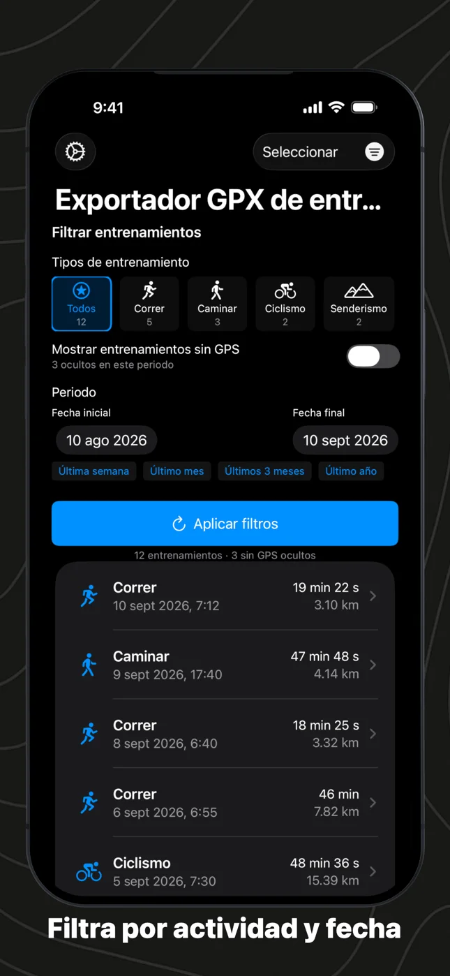 Los filtros: actividades con su recuento, un interruptor para entrenamientos sin GPS, un rango de fechas con accesos rápidos