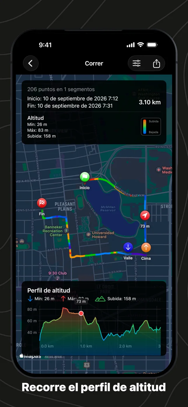 Recorriendo el perfil de altitud de una carrera, con el marcador siguiendo en el mapa