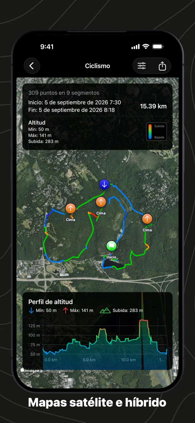 Una salida en bici en el mapa satélite, el track coloreado por esfuerzo