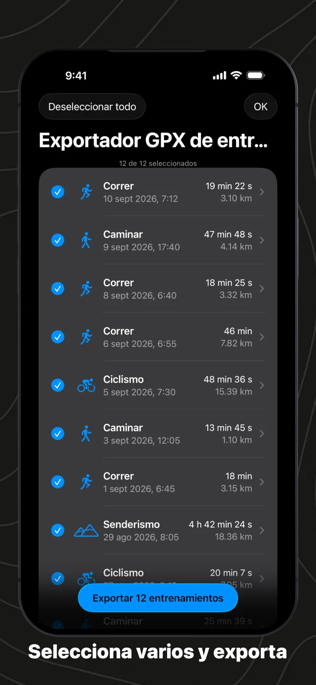 Doce entrenamientos marcados en WorkoutGPX, con un botón Exportar 12 entrenamientos abajo
