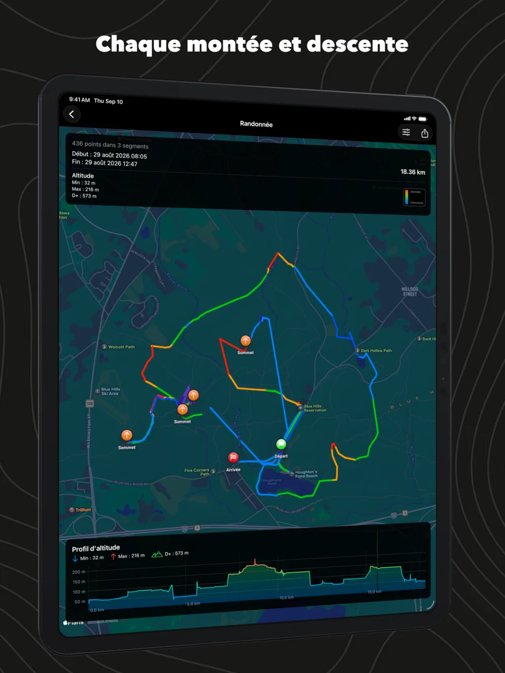 WorkoutGPX sur iPad : une randonnée colorée selon l'effort avec le profil altimétrique