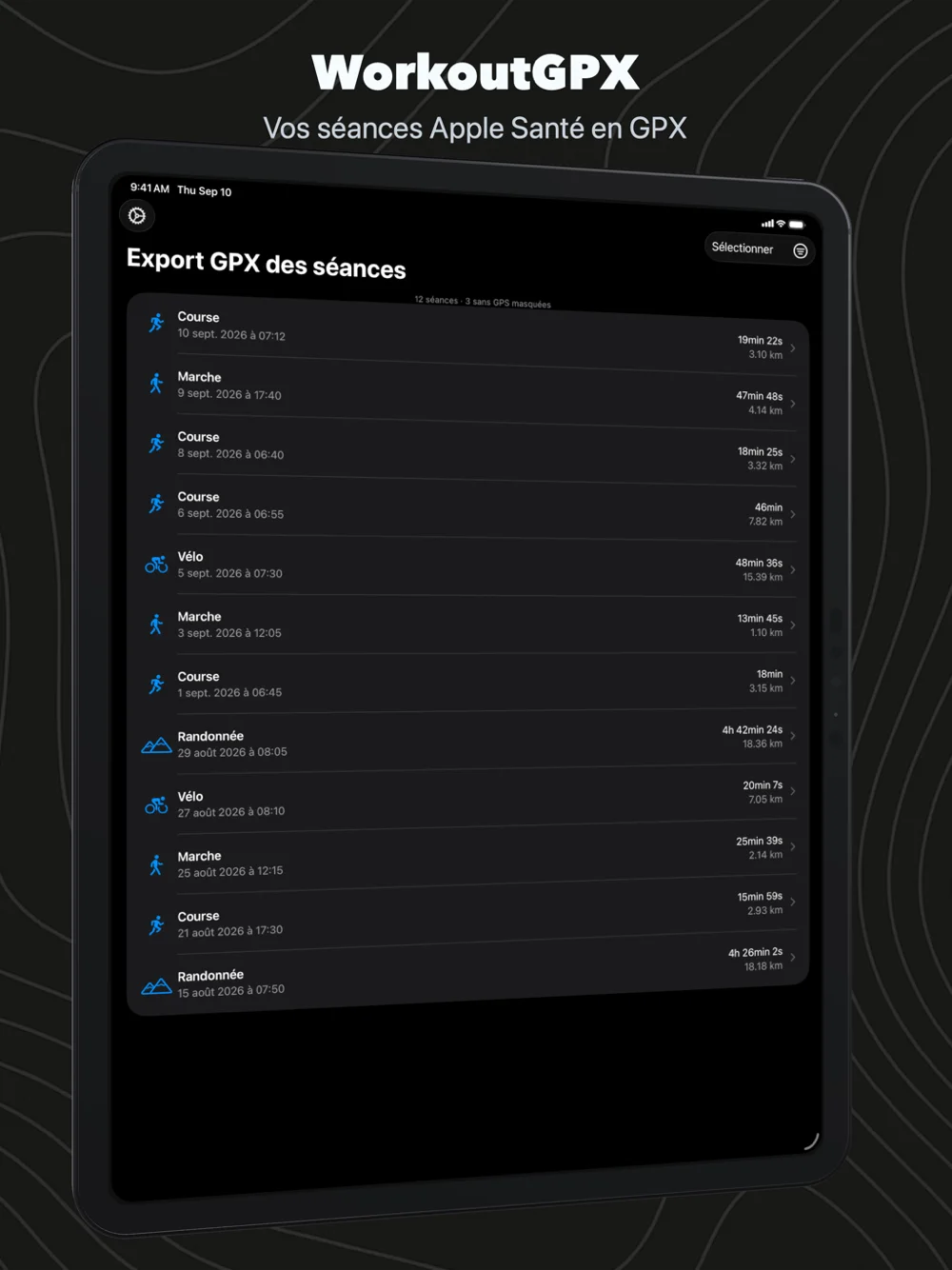 WorkoutGPX sur iPad : la liste des séances avec date, durée et distance