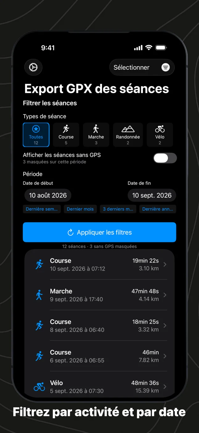 Les filtres : les activités avec leur nombre, un interrupteur pour les séances sans GPS, une période avec des raccourcis