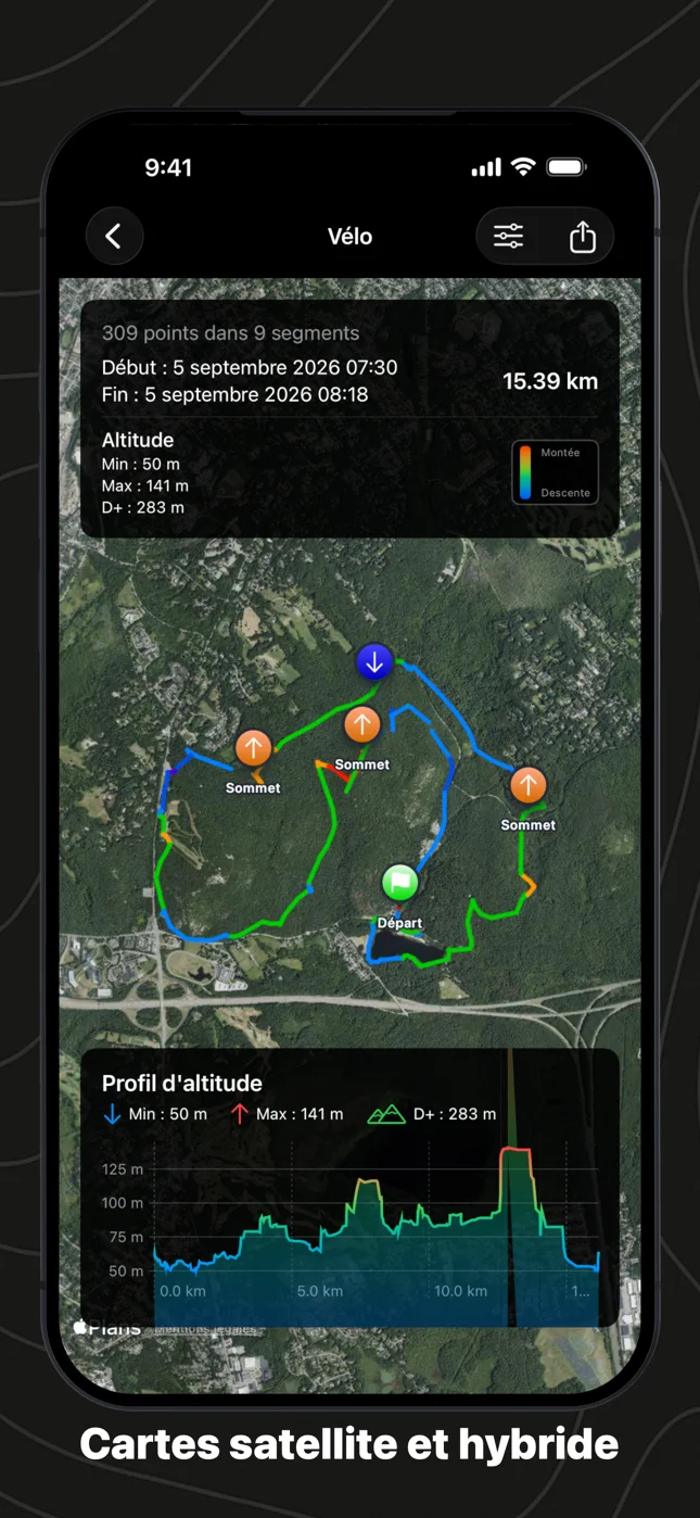 Une sortie à vélo sur la carte satellite, la trace colorée selon l'effort