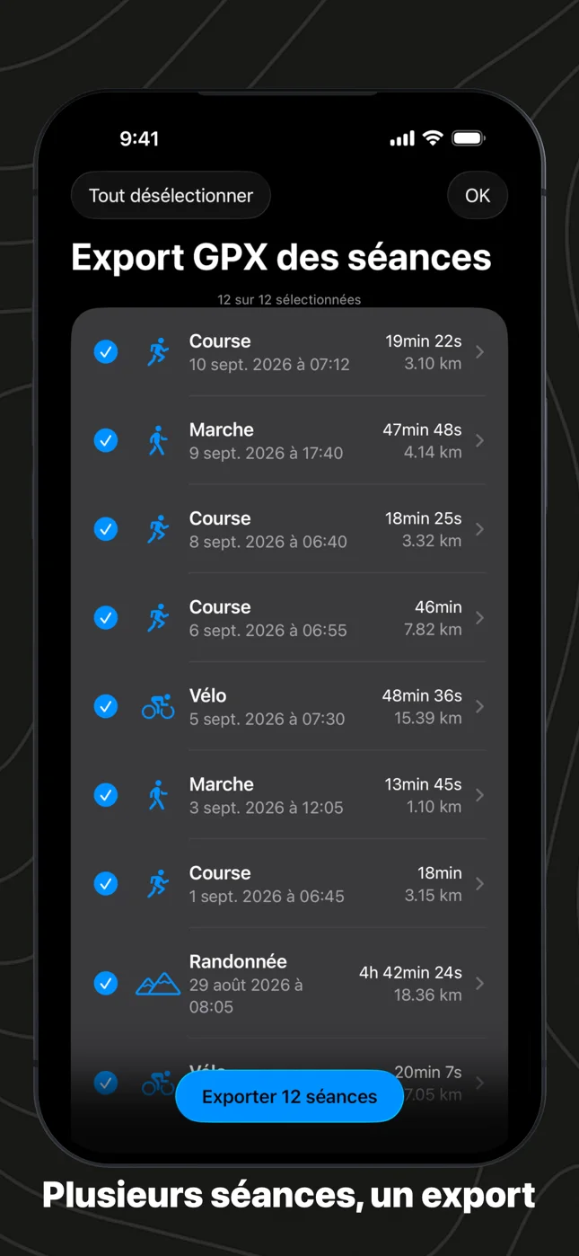 Douze séances cochées dans WorkoutGPX, avec un bouton Exporter 12 séances en bas